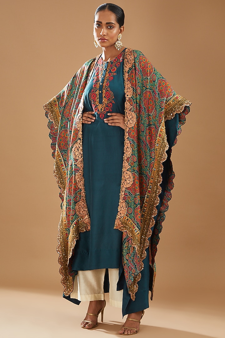 Blue Chanderi Printed Cape Set by Debyani at Pernia's Pop Up Shop