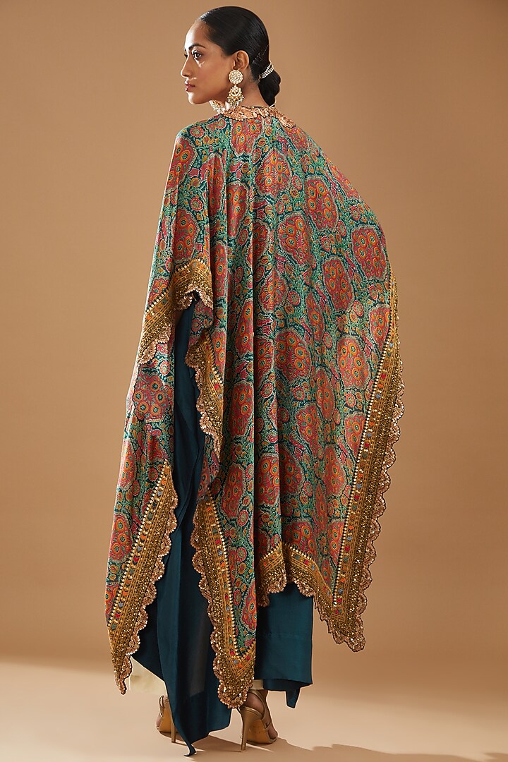 Blue Chanderi Printed Cape Set by Debyani at Pernia's Pop Up Shop