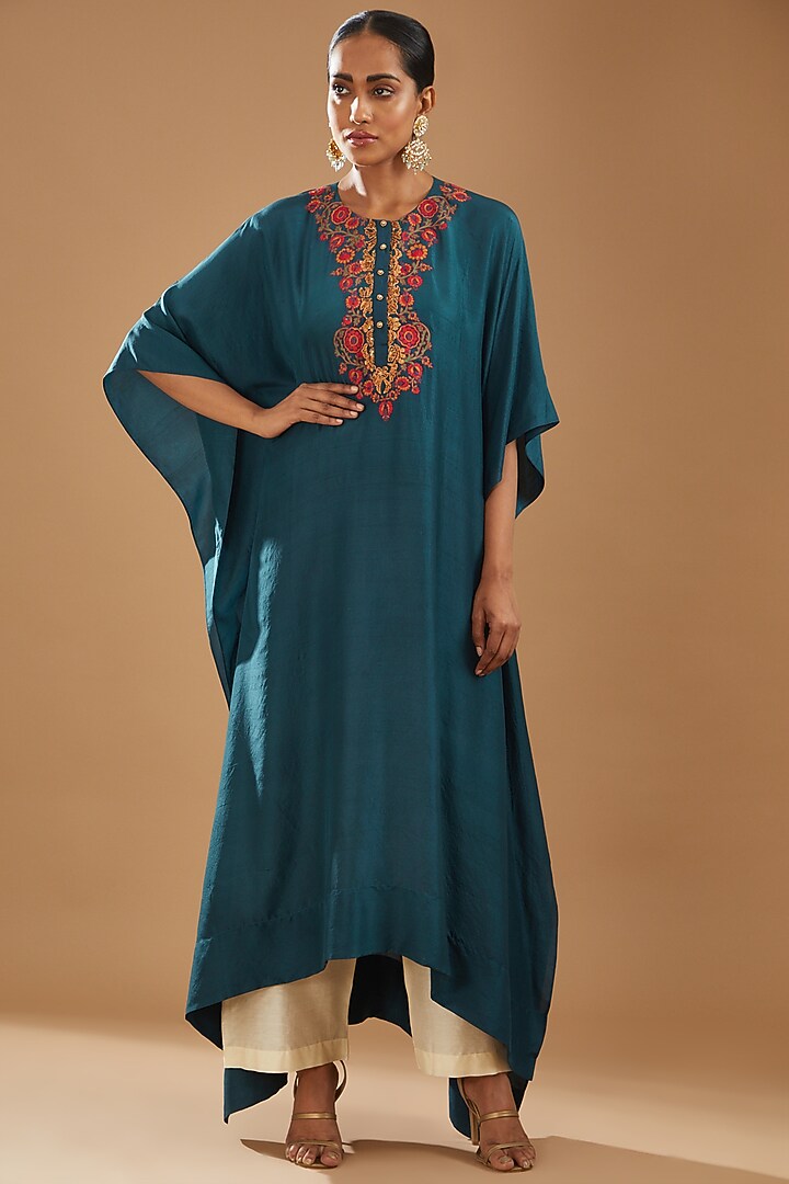 Blue Chanderi Printed Cape Set by Debyani at Pernia's Pop Up Shop