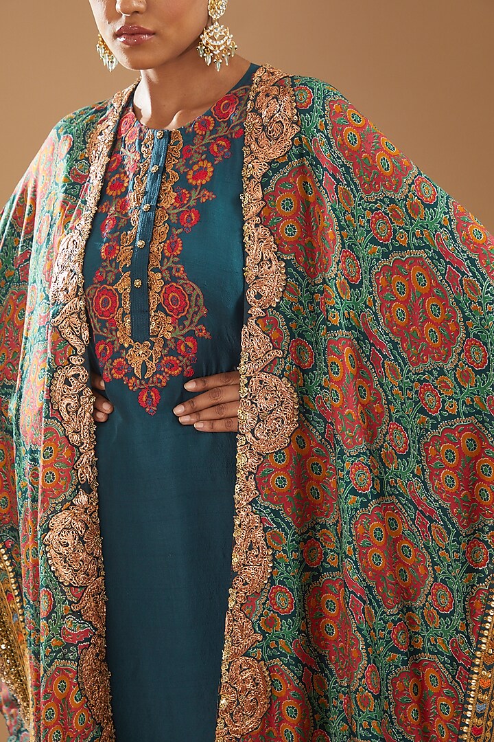 Blue Chanderi Printed Cape Set by Debyani at Pernia's Pop Up Shop