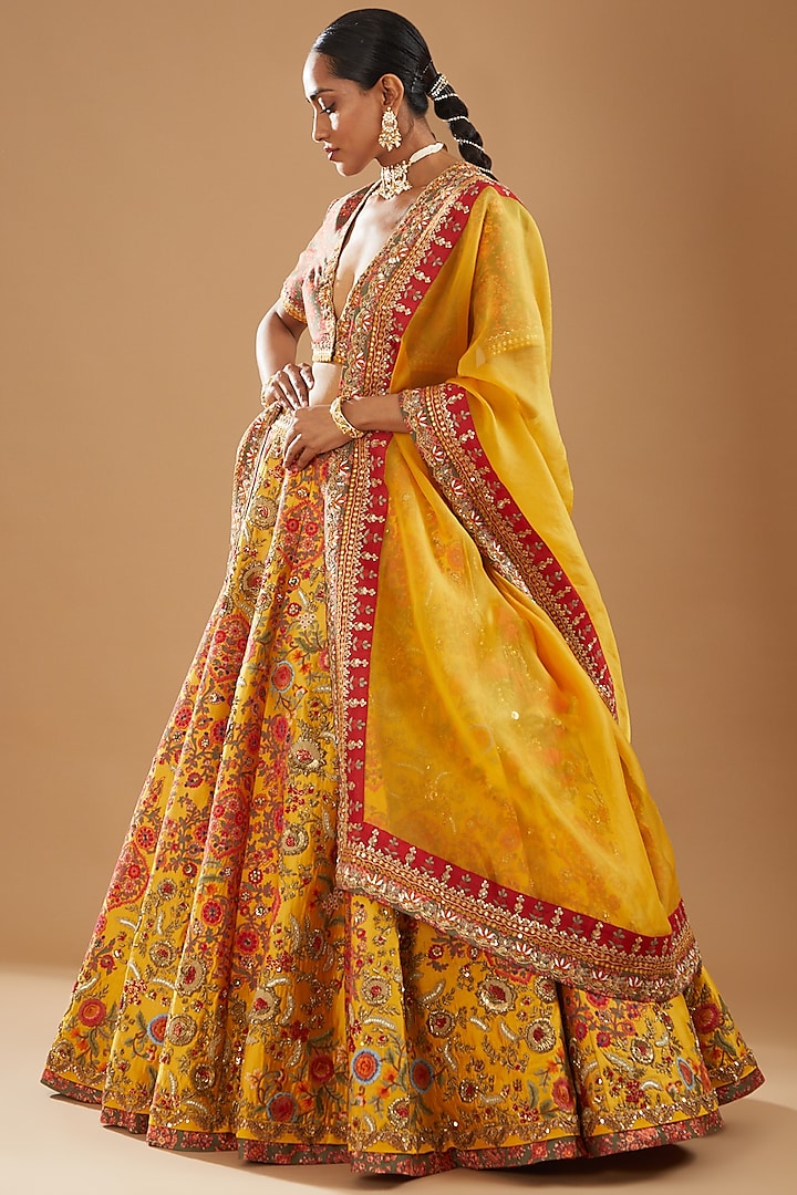 Yellow Chanderi Zardosi Embroidered Bridal Lehenga Set by Debyani at Pernia's Pop Up Shop