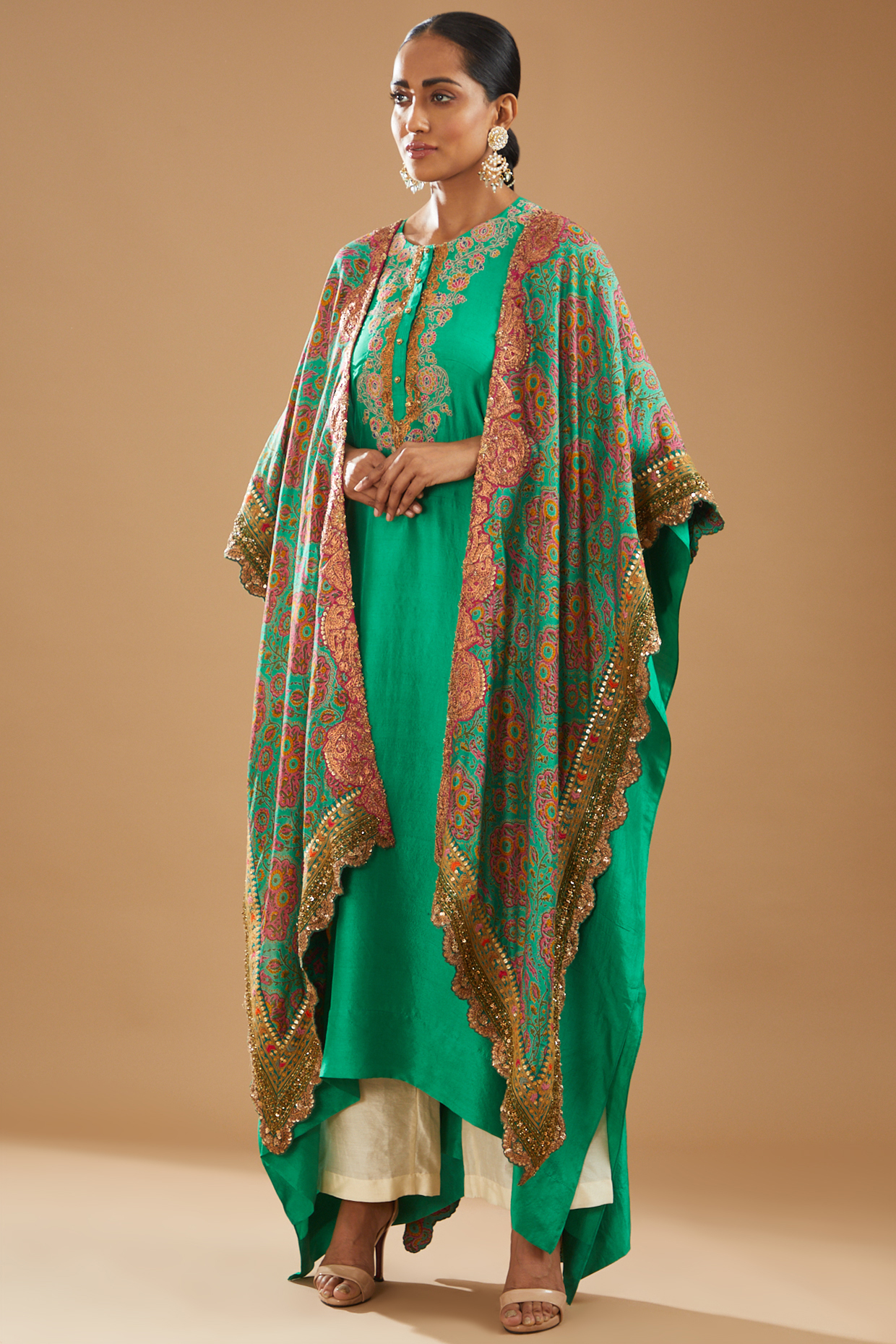 Green Chanderi Printed Cape Set by Debyani at Pernia's Pop Up Shop