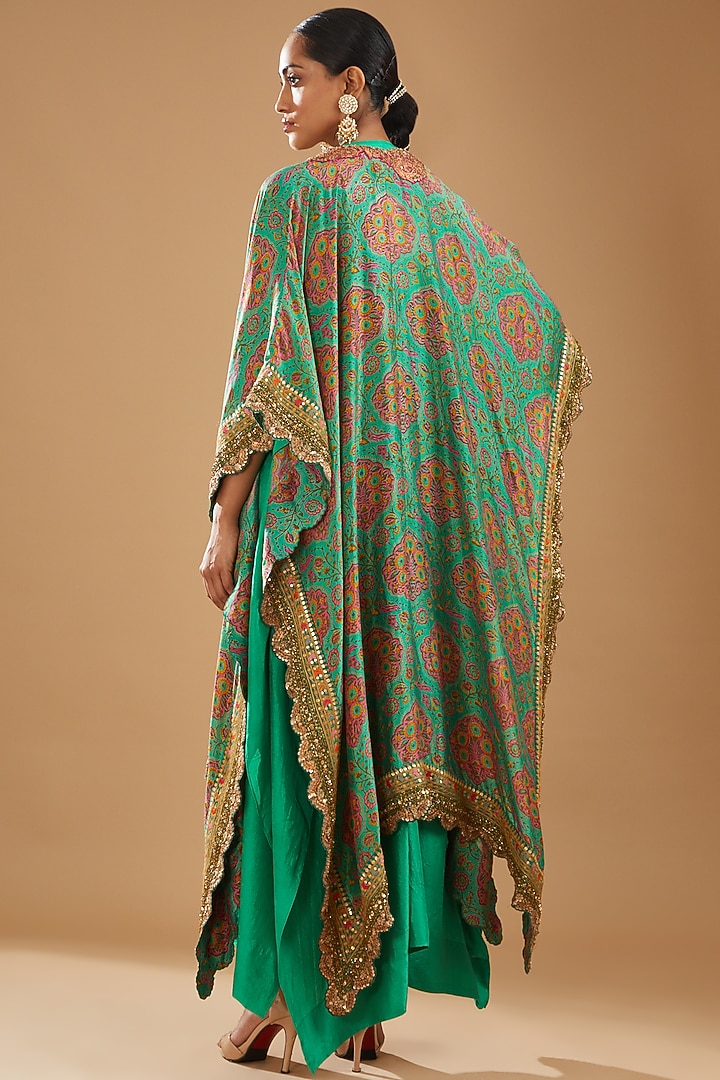 Green Chanderi Printed Cape Set by Debyani at Pernia's Pop Up Shop