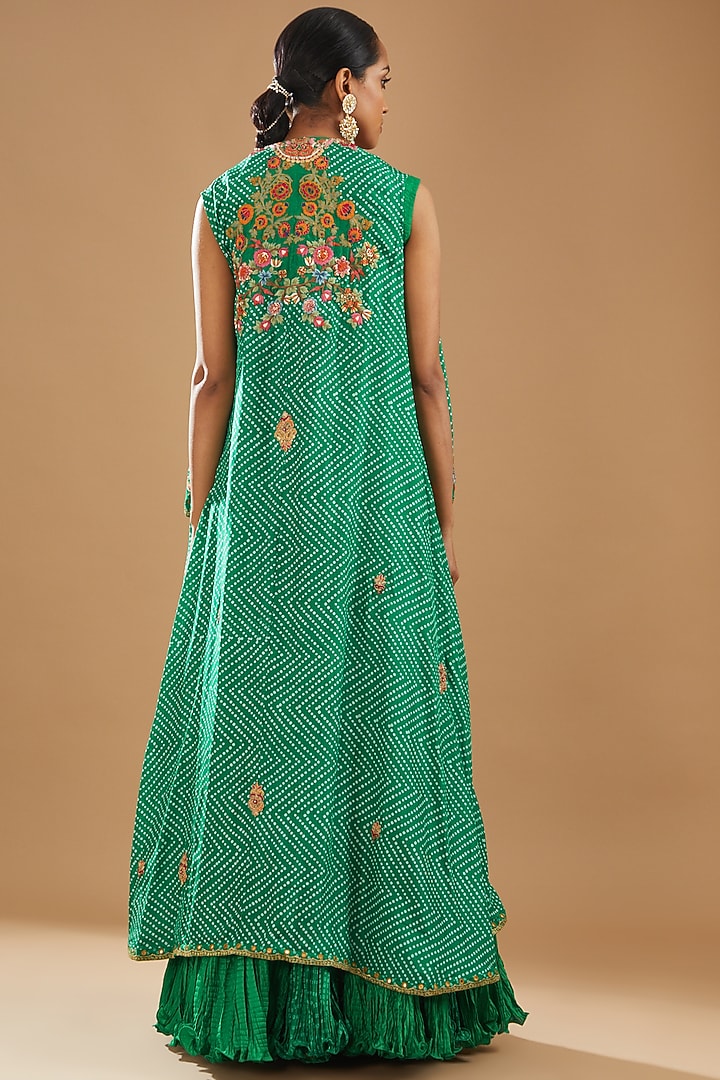Green Chanderi Crushed Printed Jacket Wedding Lehenga Set by Debyani at Pernia's Pop Up Shop