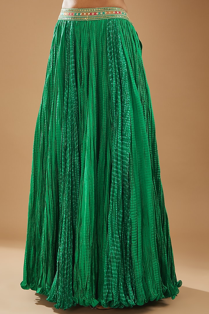 Green Chanderi Crushed Printed Jacket Wedding Lehenga Set by Debyani at Pernia's Pop Up Shop