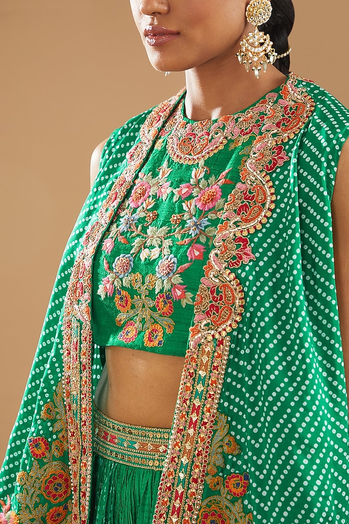 Green Chanderi Crushed Printed Jacket Wedding Lehenga Set by Debyani at Pernia's Pop Up Shop