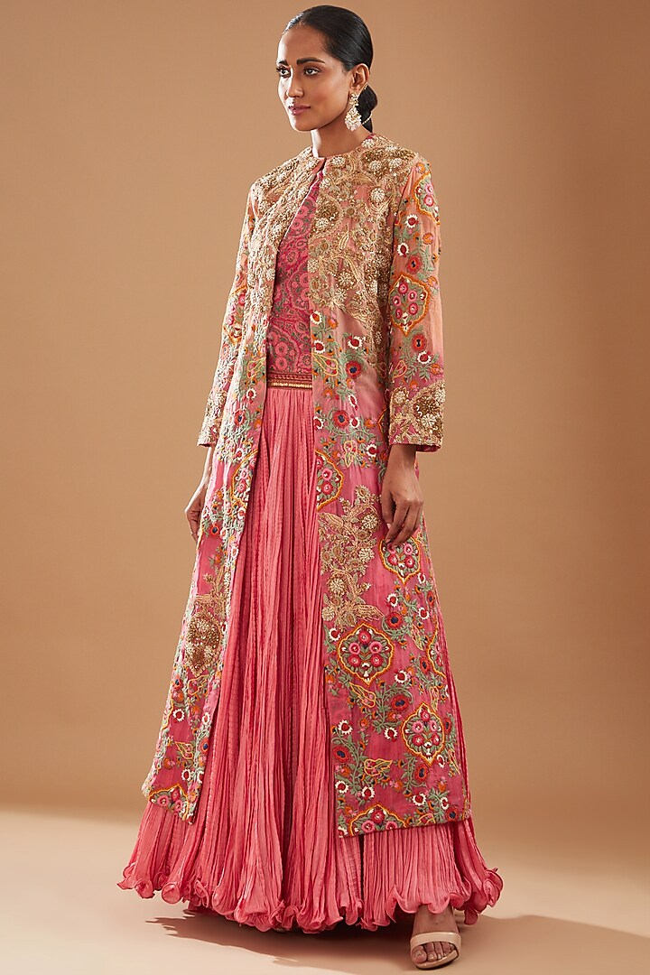 Multi-Colored Organza Embroidered Jacket Set by Debyani