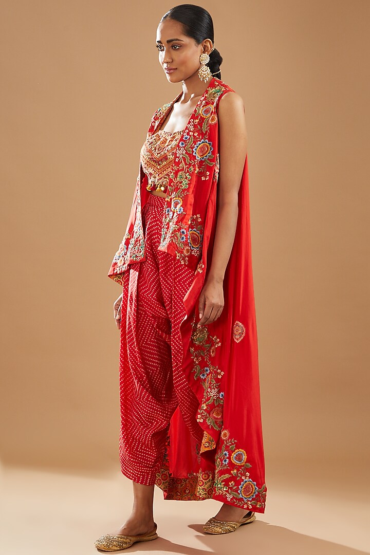 Red Silk & Chanderi Embroidered Cape Set by Debyani