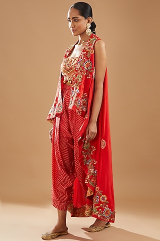 Red Silk & Chanderi Embroidered Cape Set by Debyani