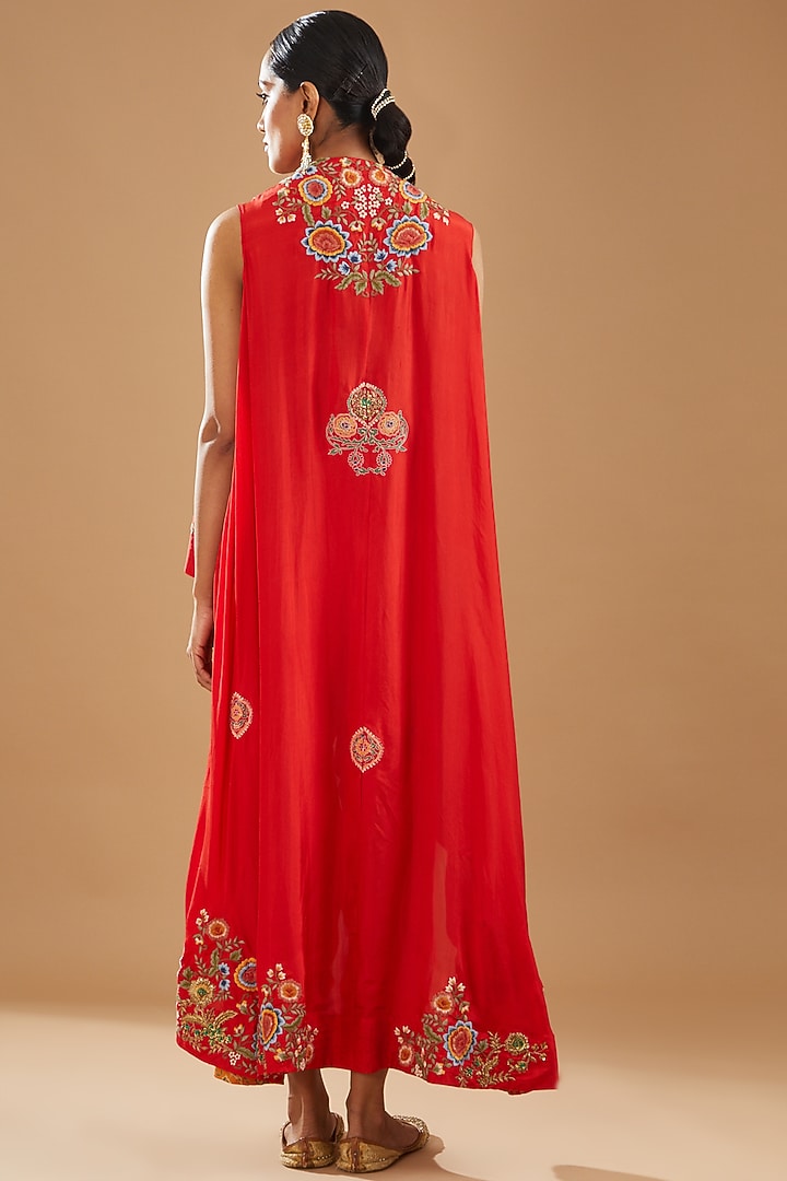 Red Silk & Chanderi Embroidered Cape Set by Debyani at Pernia's Pop Up Shop