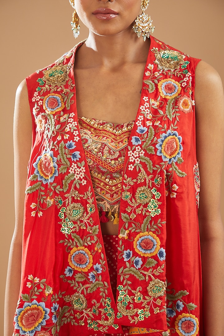 Red Silk & Chanderi Embroidered Cape Set by Debyani at Pernia's Pop Up Shop