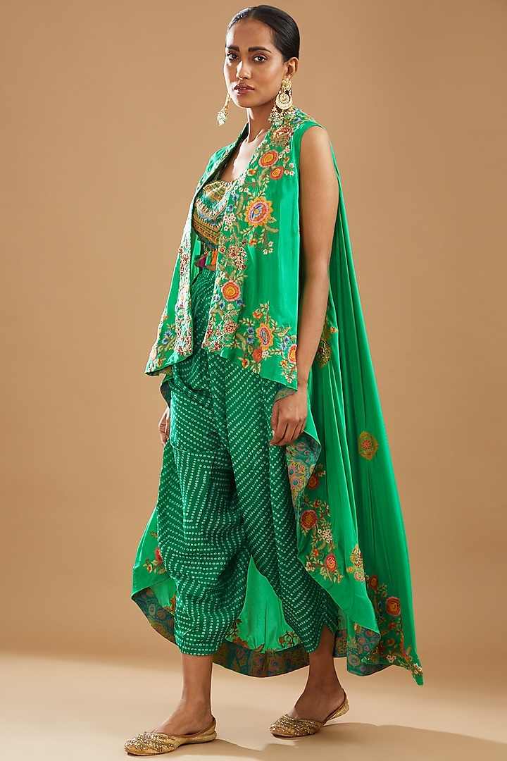 Green Silk & Chanderi Embroidered Cape Set by Debyani