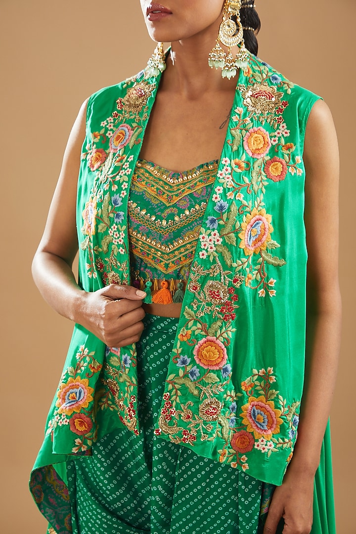 Green Silk & Chanderi Embroidered Cape Set by Debyani at Pernia's Pop Up Shop