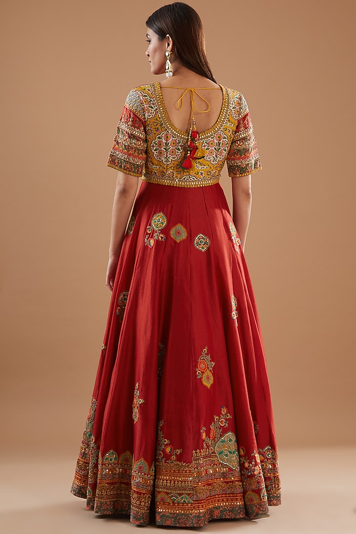 Red Chanderi Embroidered Bridal Anarkali Set by Debyani at Pernia's Pop Up Shop