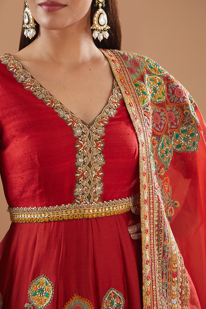 Red Chanderi Embroidered Bridal Anarkali Set by Debyani at Pernia's Pop Up Shop