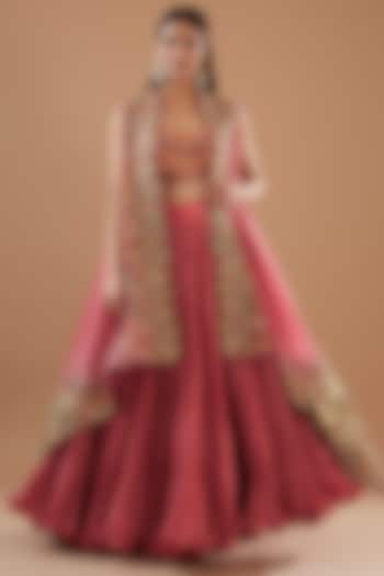 Pink Chanderi Crushed Skirt Set by Debyani