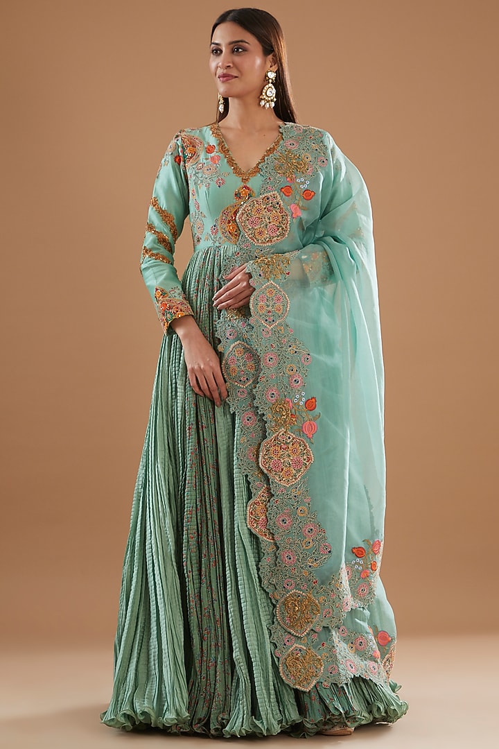 Turquoise Chanderi Embroidered Bridal Anarkali Set by Debyani at Pernia's Pop Up Shop