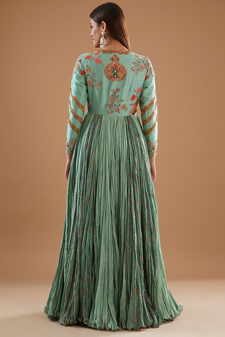 Turquoise Chanderi Embroidered Bridal Anarkali Set by Debyani at Pernia's Pop Up Shop