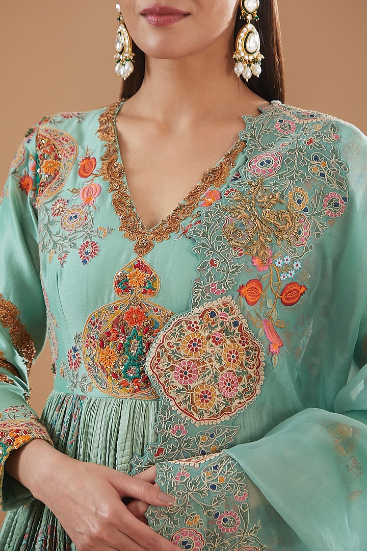 Turquoise Chanderi Embroidered Bridal Anarkali Set by Debyani at Pernia's Pop Up Shop