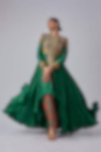 Emerald Green Chanderi & Organza Crushed Anarkali Set by Debyani