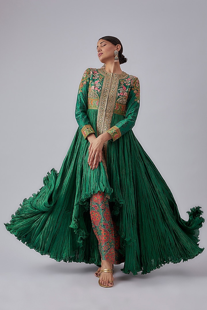 Emerald Green Chanderi & Organza Crushed Anarkali Set by Debyani