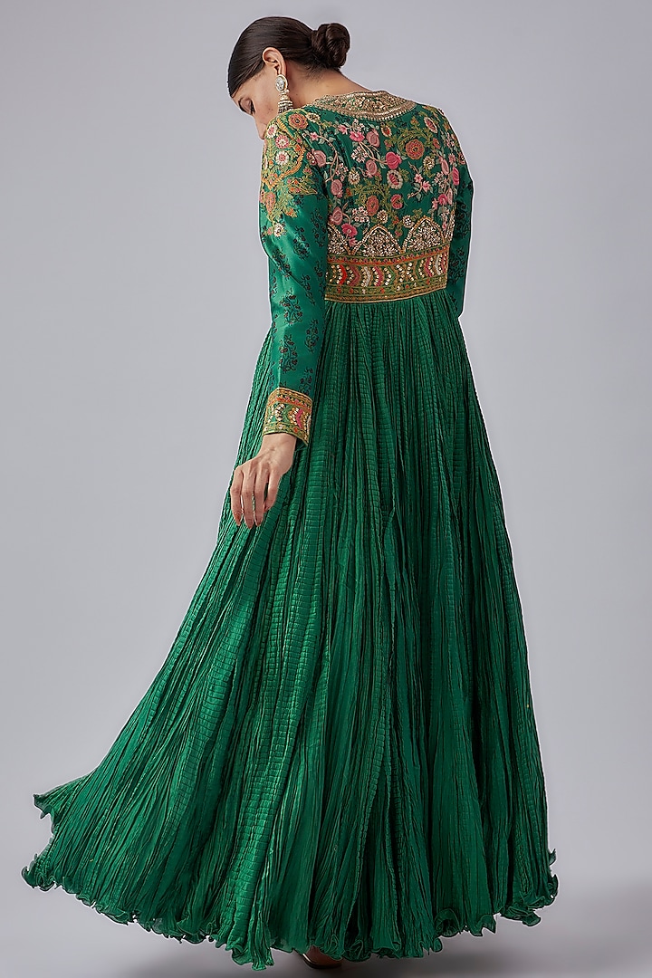 Emerald Green Chanderi & Organza Crushed Wedding Anarkali Set by Debyani at Pernia's Pop Up Shop
