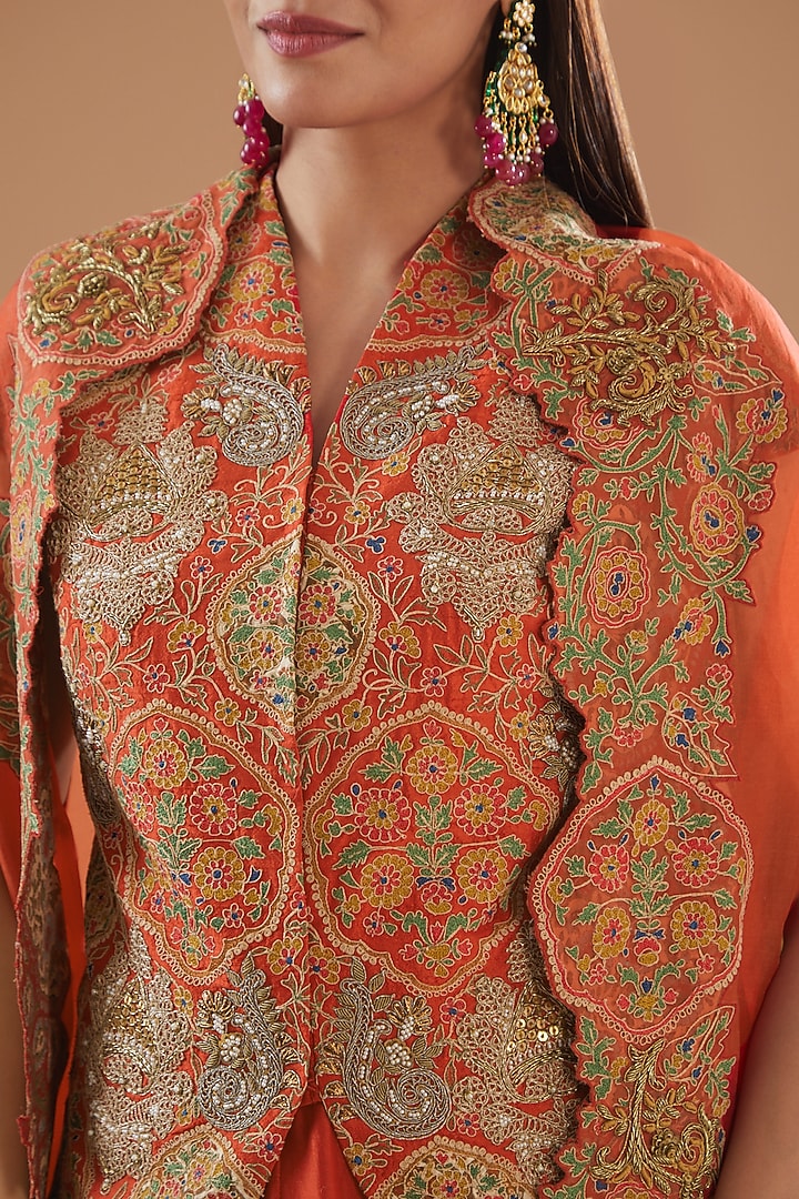 Red Chanderi Embroidered Cape Set by Debyani at Pernia's Pop Up Shop
