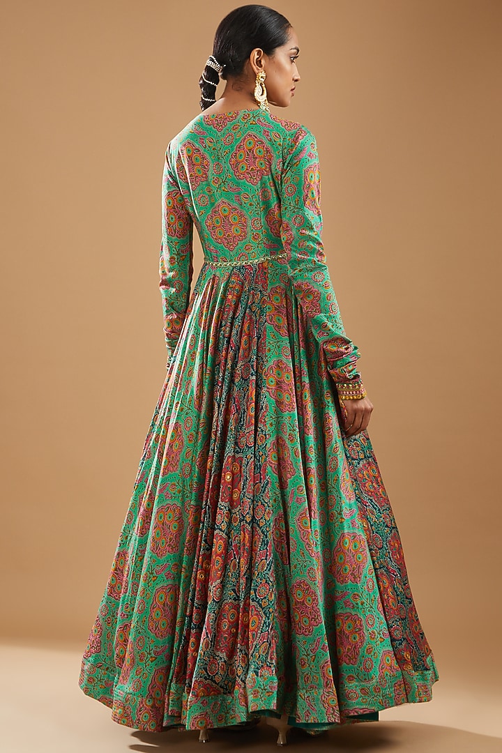 Green Chanderi Printed & Embroidered Bridal Anarkali Set by Debyani at Pernia's Pop Up Shop