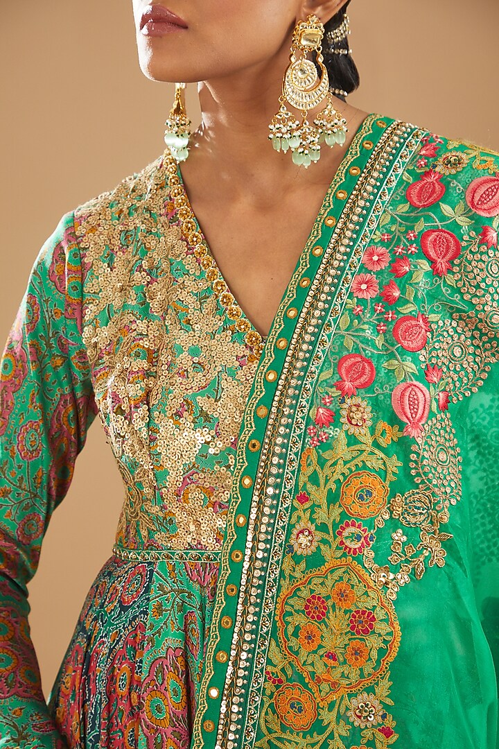 Green Chanderi Printed & Embroidered Bridal Anarkali Set by Debyani at Pernia's Pop Up Shop