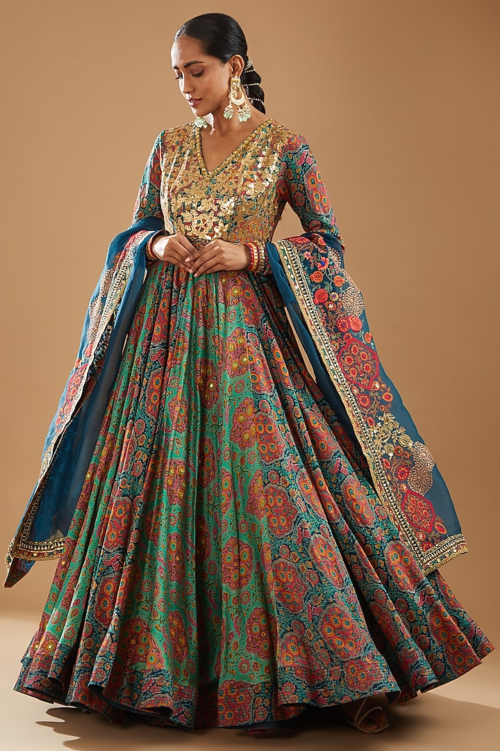 Blue Chanderi Printed & Embroidered Anarkali Set by Debyani