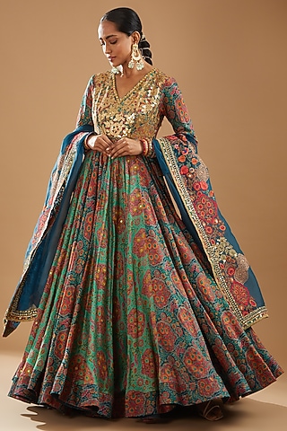 Blue Chanderi Printed & Embroidered Anarkali Set by Debyani