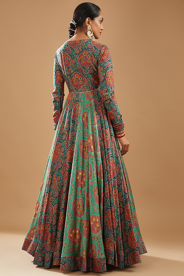 Blue Chanderi Printed & Embroidered Bridal Anarkali Set by Debyani at Pernia's Pop Up Shop