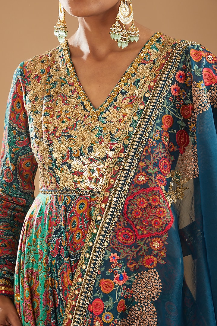 Blue Chanderi Printed & Embroidered Bridal Anarkali Set by Debyani at Pernia's Pop Up Shop