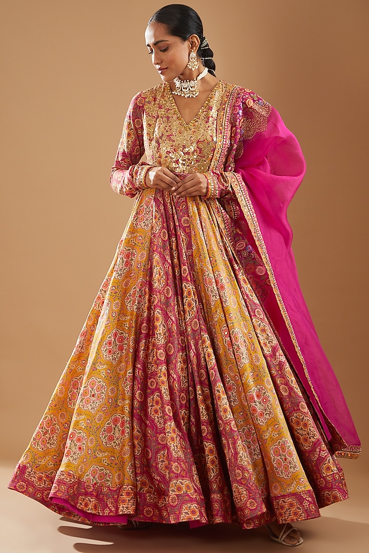 Pink Chanderi Printed & Embroidered Anarkali Set by Debyani