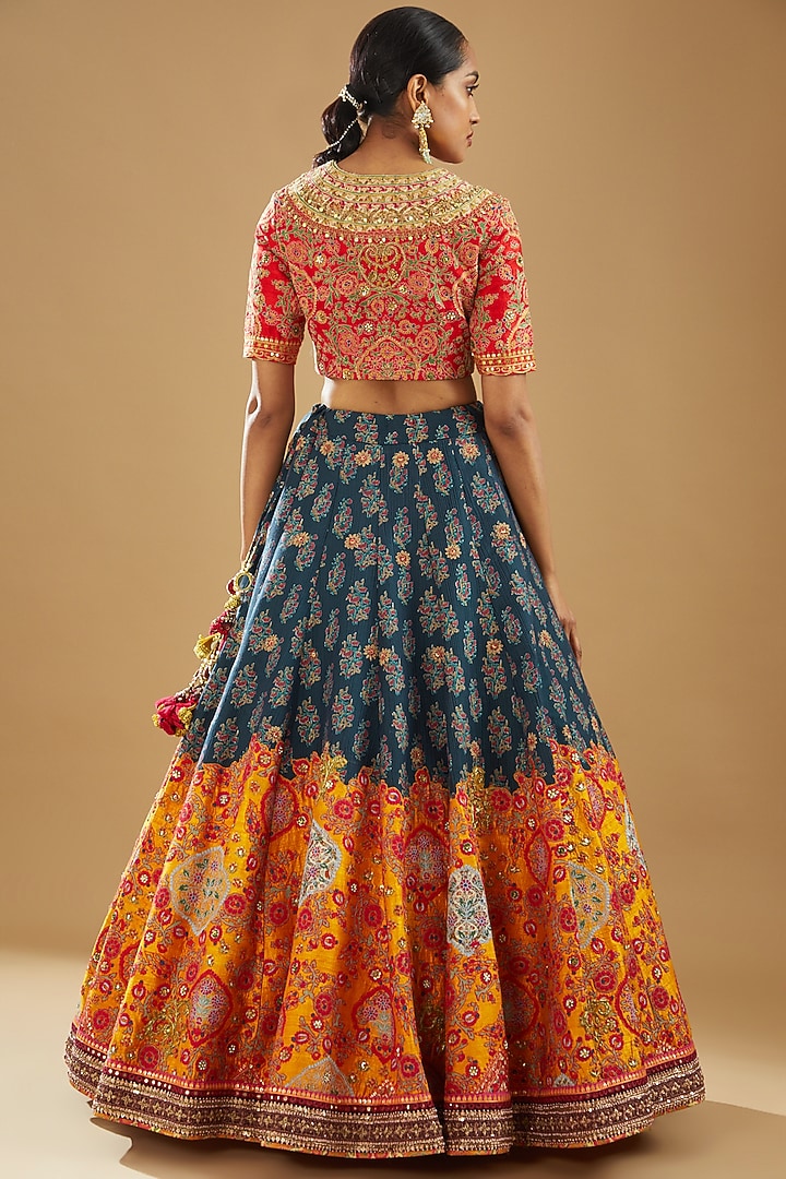 Blue Chanderi Printed & Embroidered Bridal Lehenga Set by Debyani at Pernia's Pop Up Shop