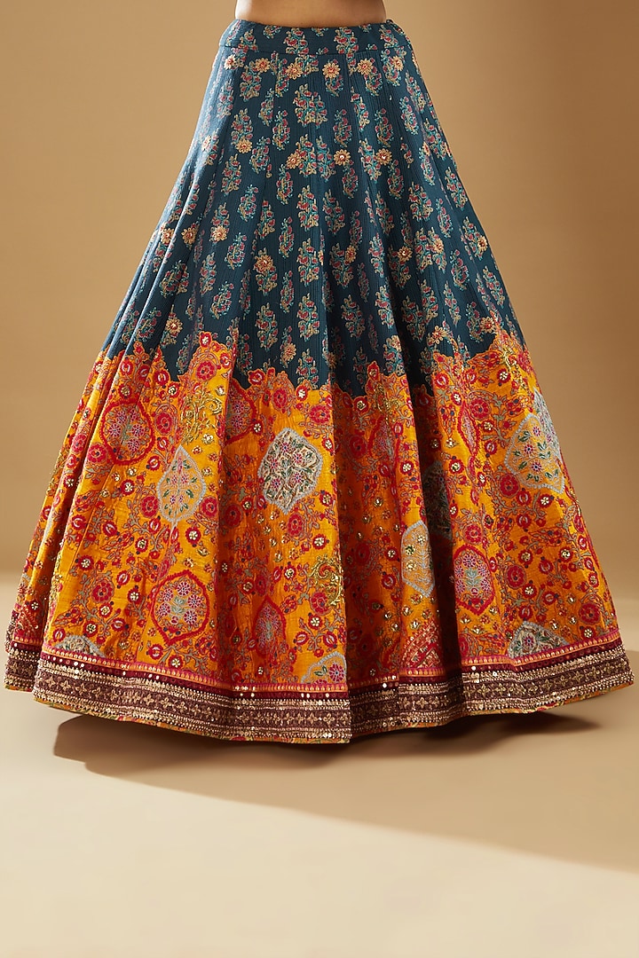 Blue Chanderi Printed & Embroidered Bridal Lehenga Set by Debyani at Pernia's Pop Up Shop