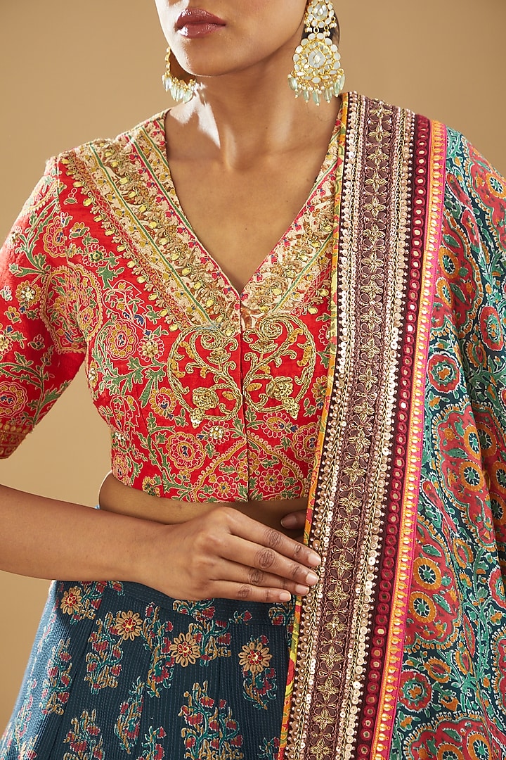 Blue Chanderi Printed & Embroidered Bridal Lehenga Set by Debyani at Pernia's Pop Up Shop