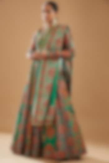 Green Chanderi Printed & Embroidered Anarkali Set by Debyani