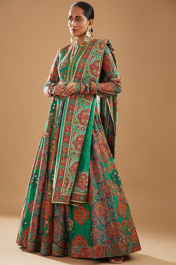 Green Chanderi Printed & Embroidered Anarkali Set by Debyani