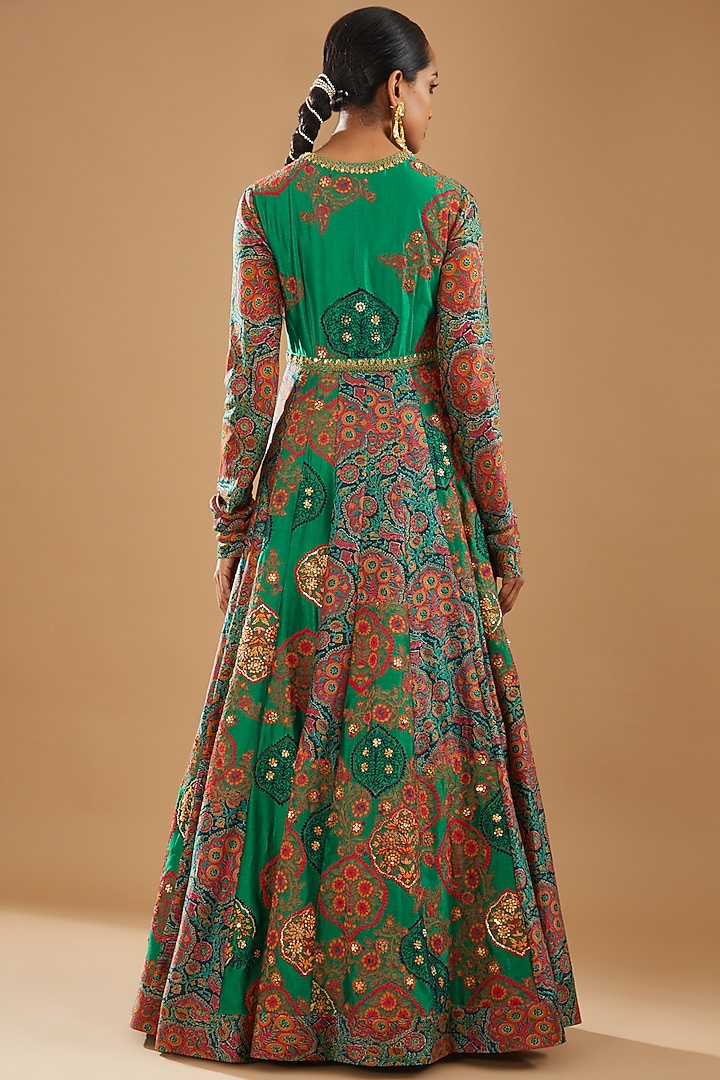 Green Chanderi Printed & Embroidered Bridal Anarkali Set by Debyani at Pernia's Pop Up Shop