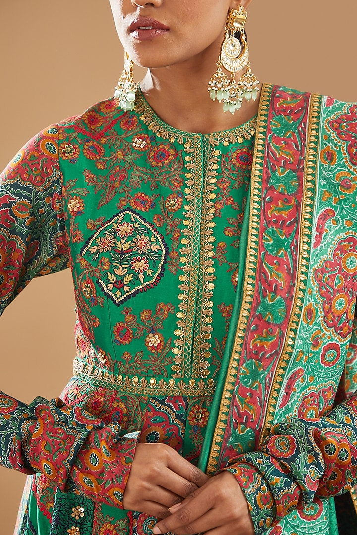 Green Chanderi Printed & Embroidered Bridal Anarkali Set by Debyani at Pernia's Pop Up Shop