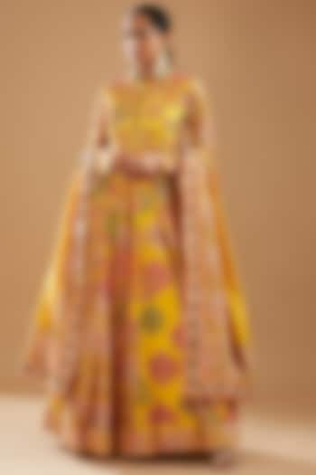 Yellow Chanderi Printed & Embroidered Anarkali Set by Debyani at Pernia's Pop Up Shop