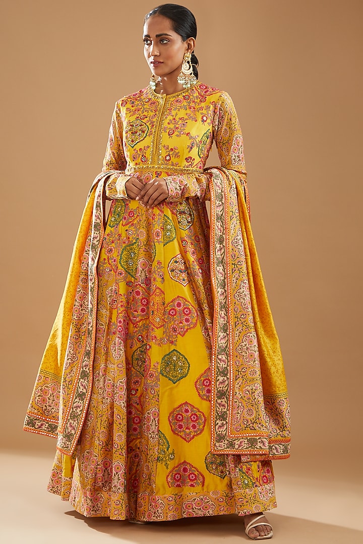 Yellow Chanderi Printed & Embroidered Anarkali Set by Debyani