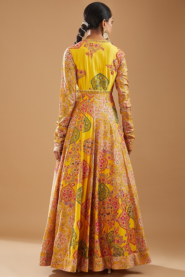 Yellow Chanderi Printed & Embroidered Bridal Anarkali Set by Debyani at Pernia's Pop Up Shop
