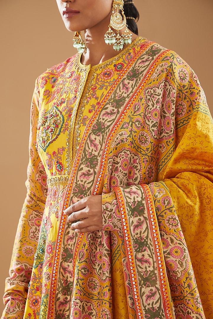 Yellow Chanderi Printed & Embroidered Bridal Anarkali Set by Debyani at Pernia's Pop Up Shop