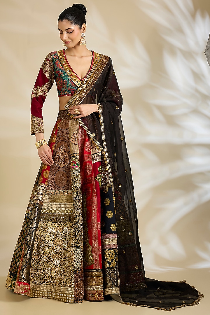 Multi-Colored Chanderi & Brocade Embroidered Bridal Lehenga Set by Debyani at Pernia's Pop Up Shop