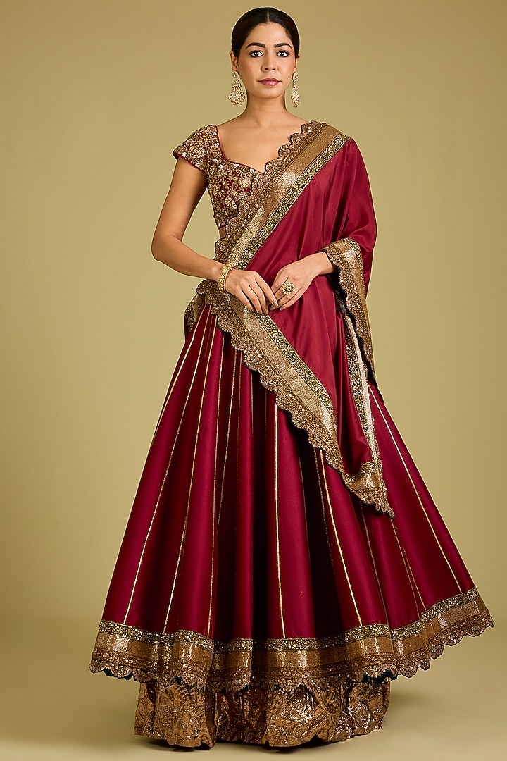 Maroon Chanderi & Silk Bridal Lehenga Set by Debyani at Pernia's Pop Up Shop