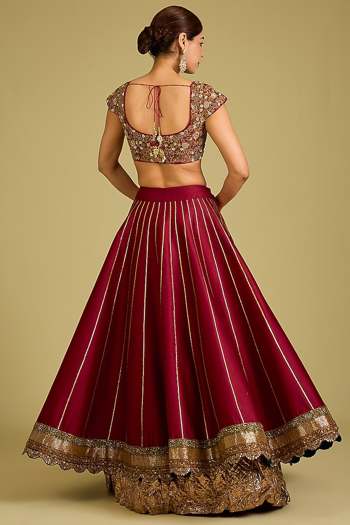 Maroon Chanderi & Silk Bridal Lehenga Set by Debyani at Pernia's Pop Up Shop
