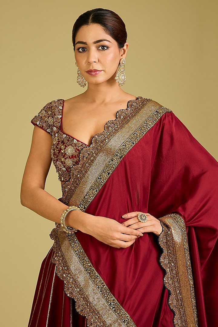 Maroon Chanderi & Silk Bridal Lehenga Set by Debyani at Pernia's Pop Up Shop