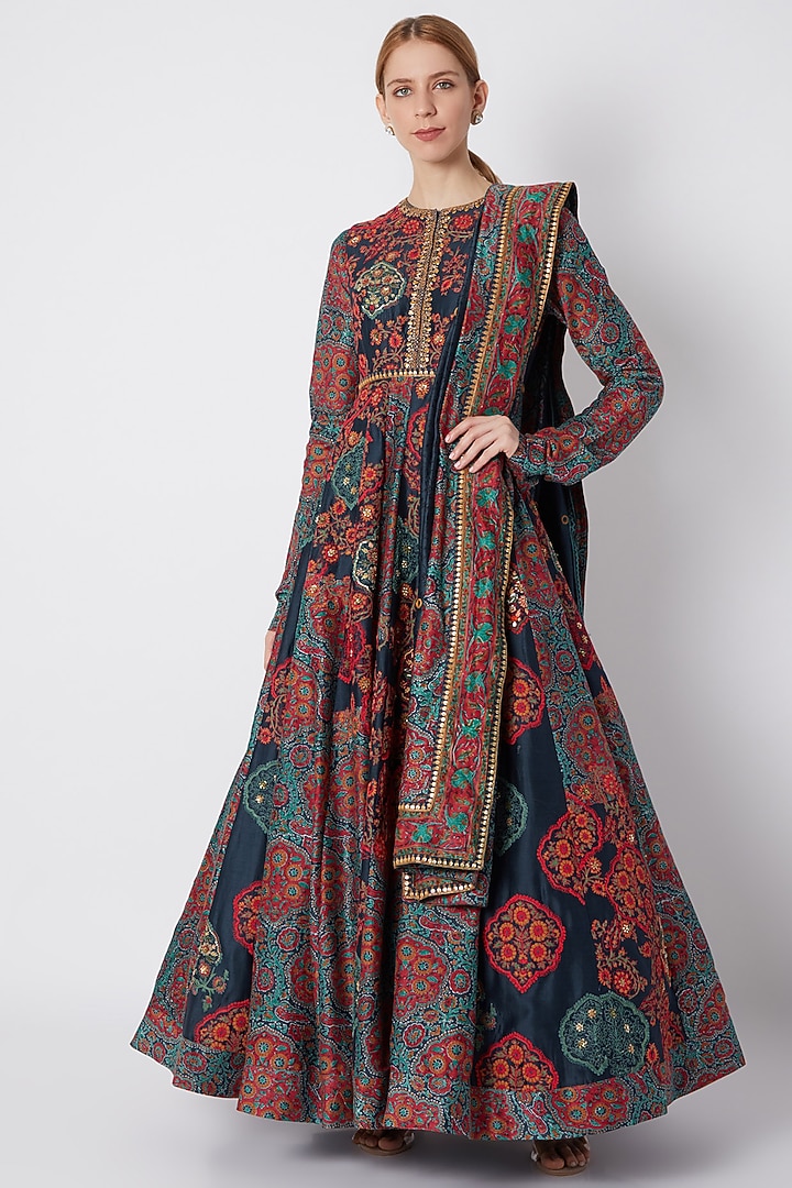 Blue Embroidered & Printed Kurta Set by Debyani at Pernia's Pop Up Shop